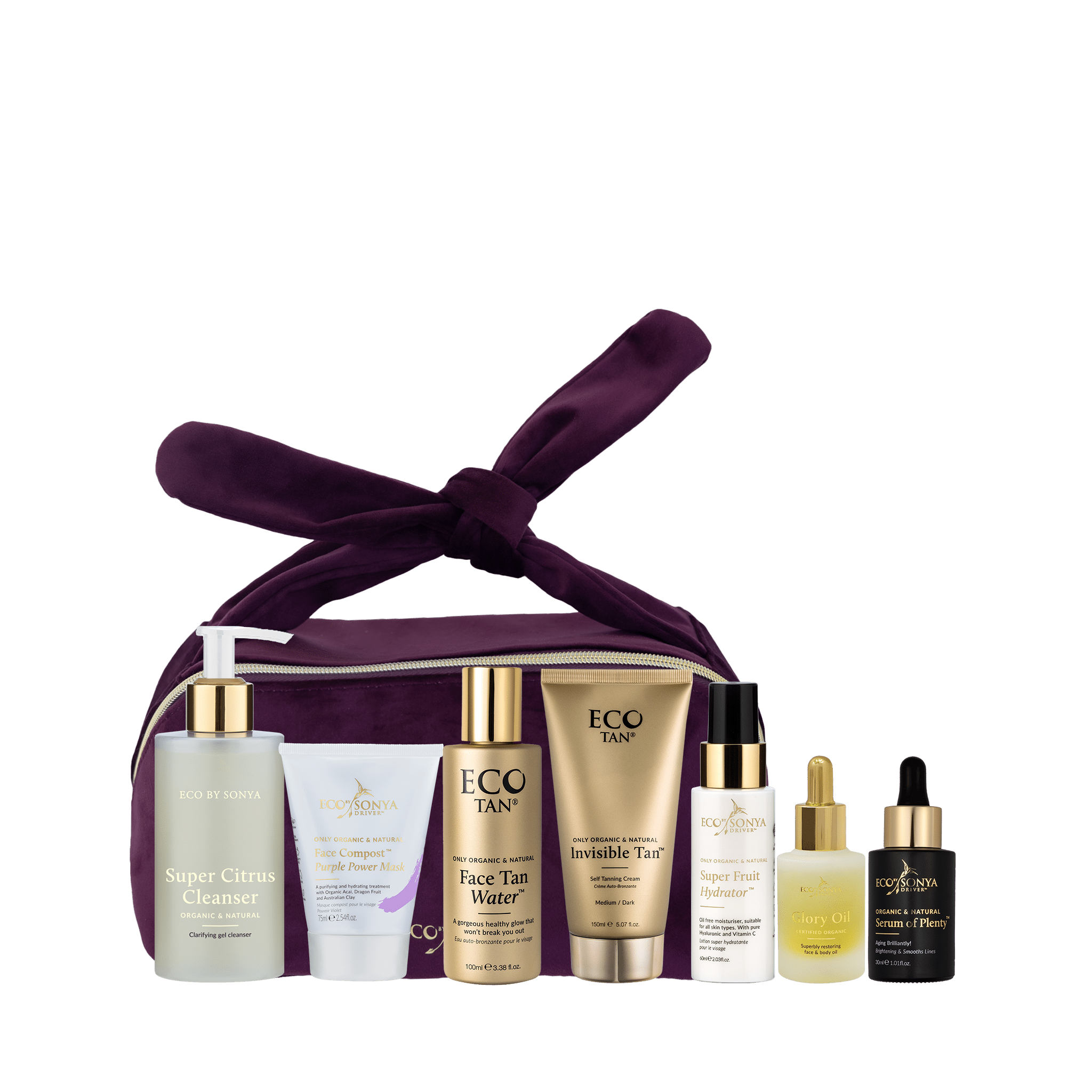 Eco By Sonya Vacay Pack including Super Citrus Cleanser, Face Mask, Body and Face Tanning products, Serum of Plenty, Face Hydrator and Glory Oil