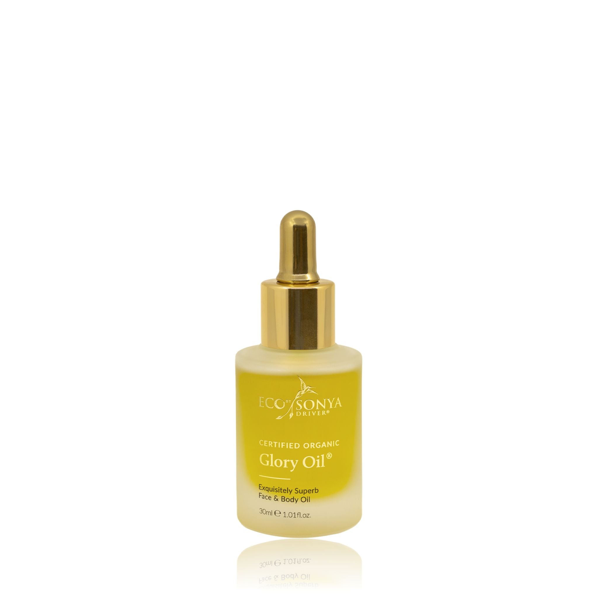 Eco By Sonya Glory Oil 30ml bottle with golden dropper on white background, organic natural face oil for nourishing and healing skin.