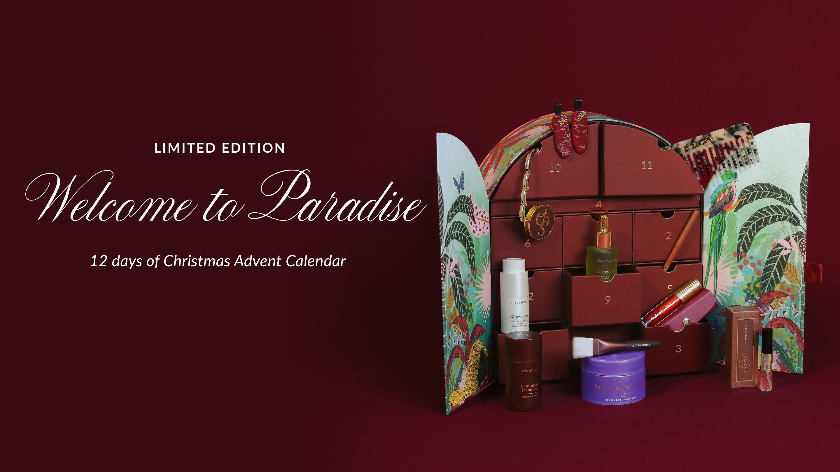 ECO BY SONYA 'The Paradise Collection' Christmas Advent Calendar box with white text reading 'Limited Edition Welcome to Paradise 12 days of Christmas Advent Calendar'.