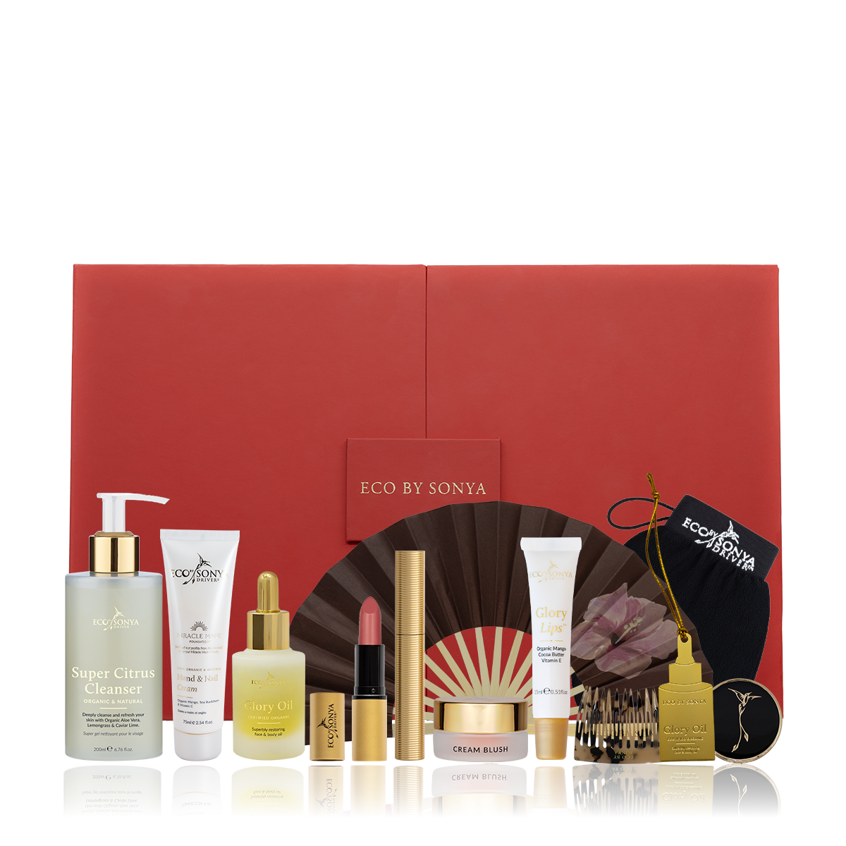 12 Days of Eco By Sonya Advent Calendar for Christmas showing all cosmetic products in front of beautiful red box.