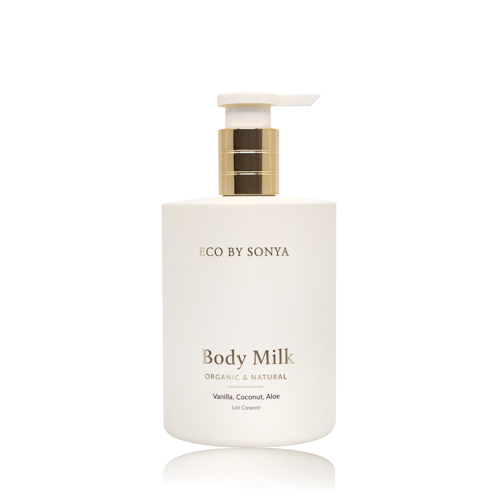 Eco By Sonya Body Milk in a white pump bottle with a gold pump. 