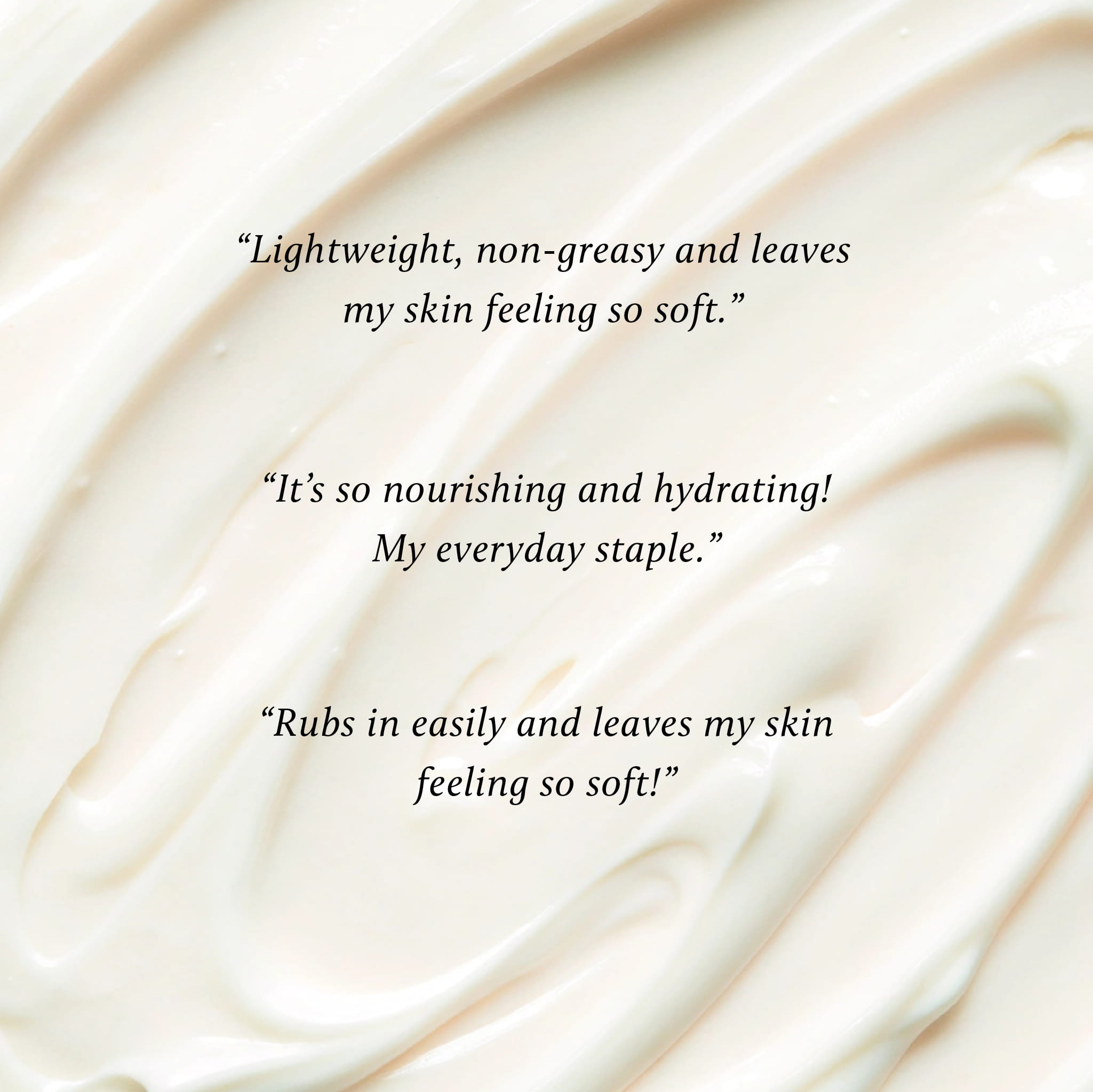 Three customer review quotes overlaid on a close-up Body Milk texture background.