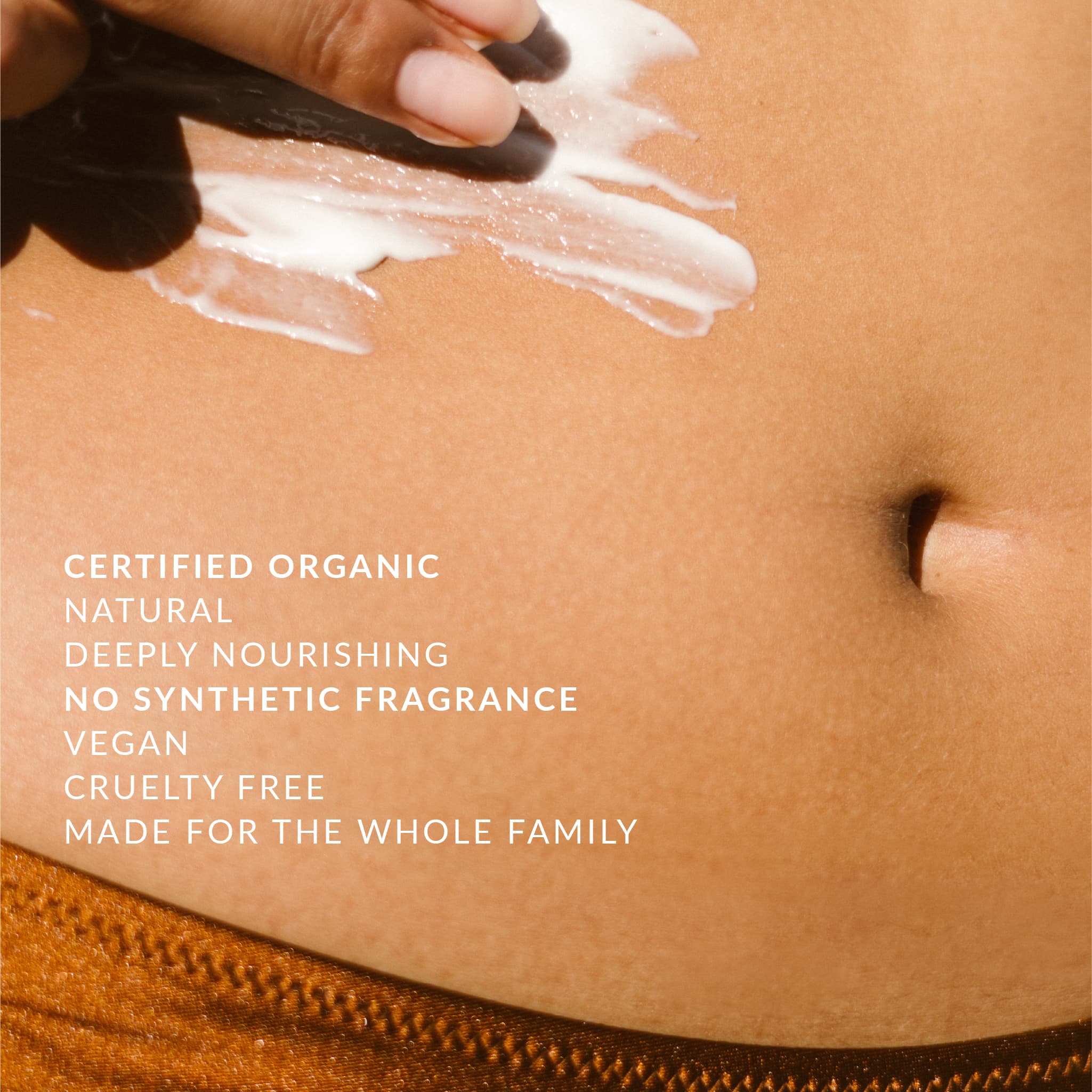 Person applying Body Milk to their stomach, with product benefits listed.