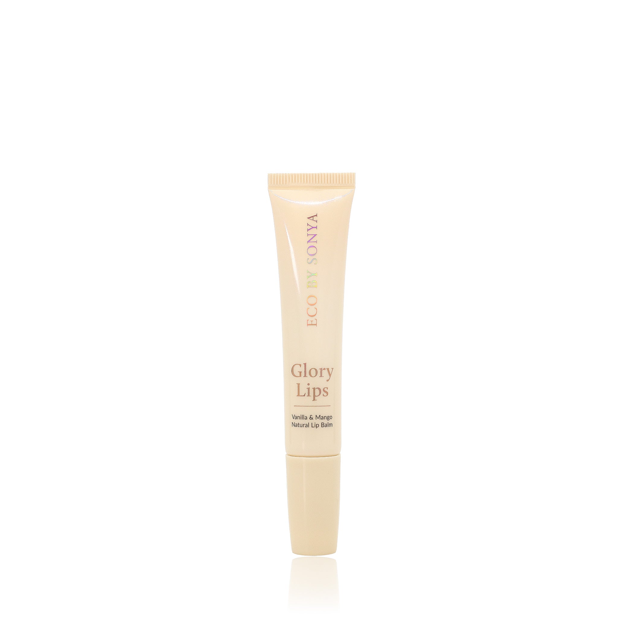 Eco By Sonya Glory Lips Naturally Lip Balm in a pale beige tube standing upright on a clean white background with a subtle reflection