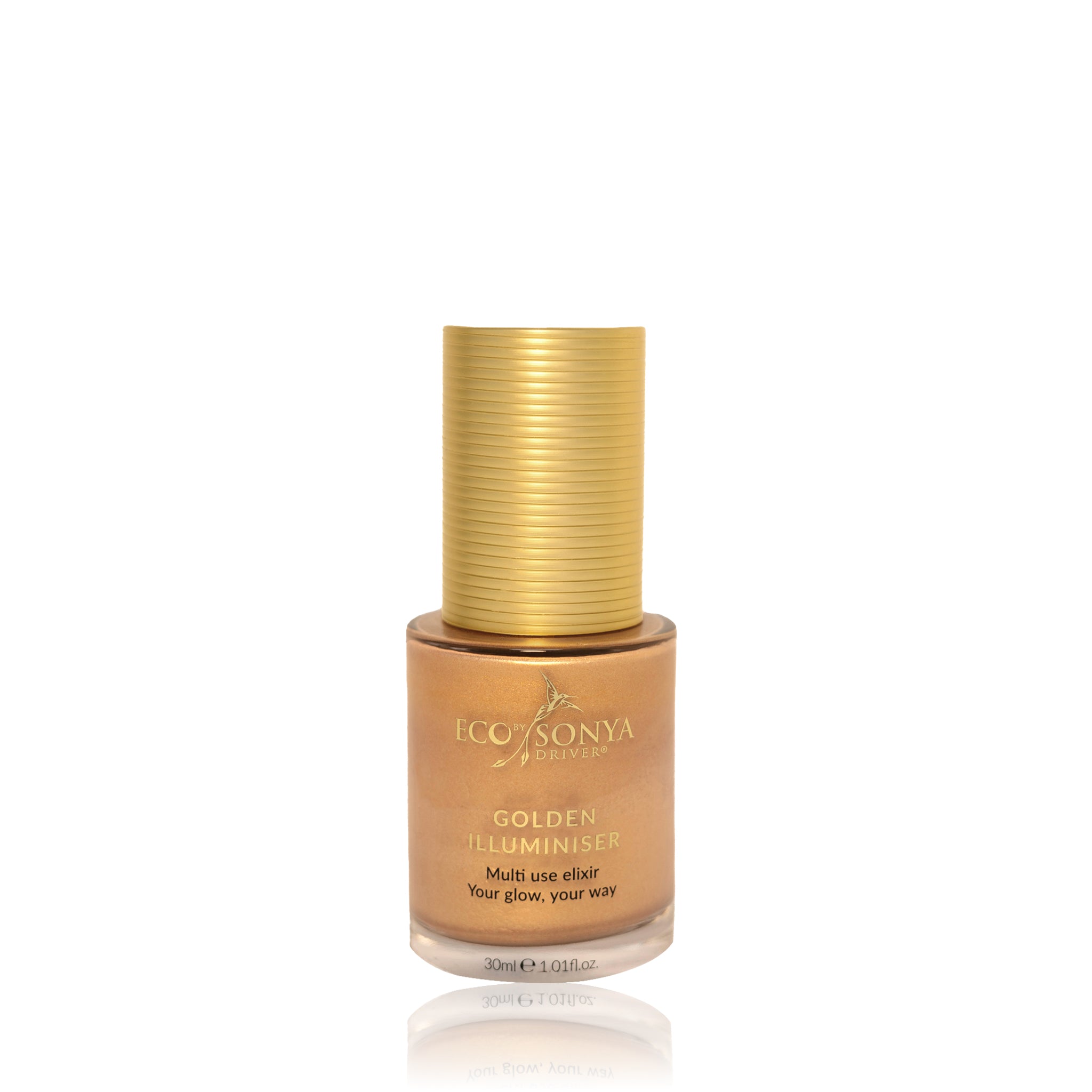 Eco By Sonya Golden Illuminiser bottle with golden cap on white background, showing shimmering fluid highlighter.