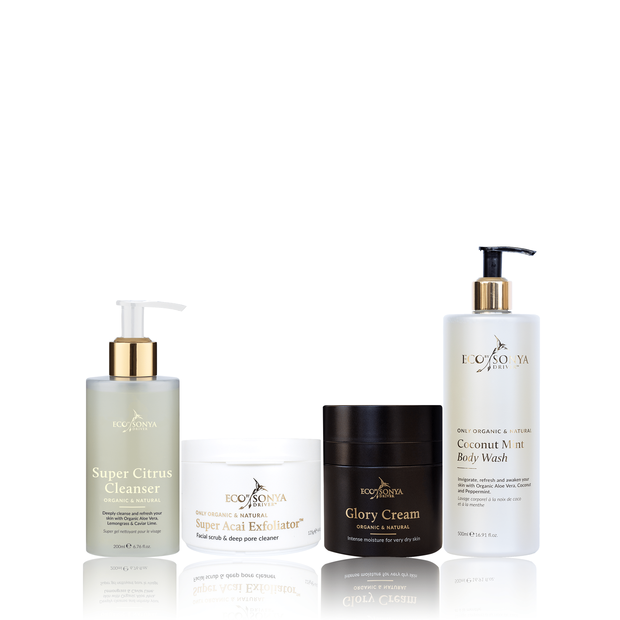 Set of skincare products including Super Citrus Cleanser, Super Acai Exfoliator, Glory Cream, and Coconut Mint Body Wash on a white background.