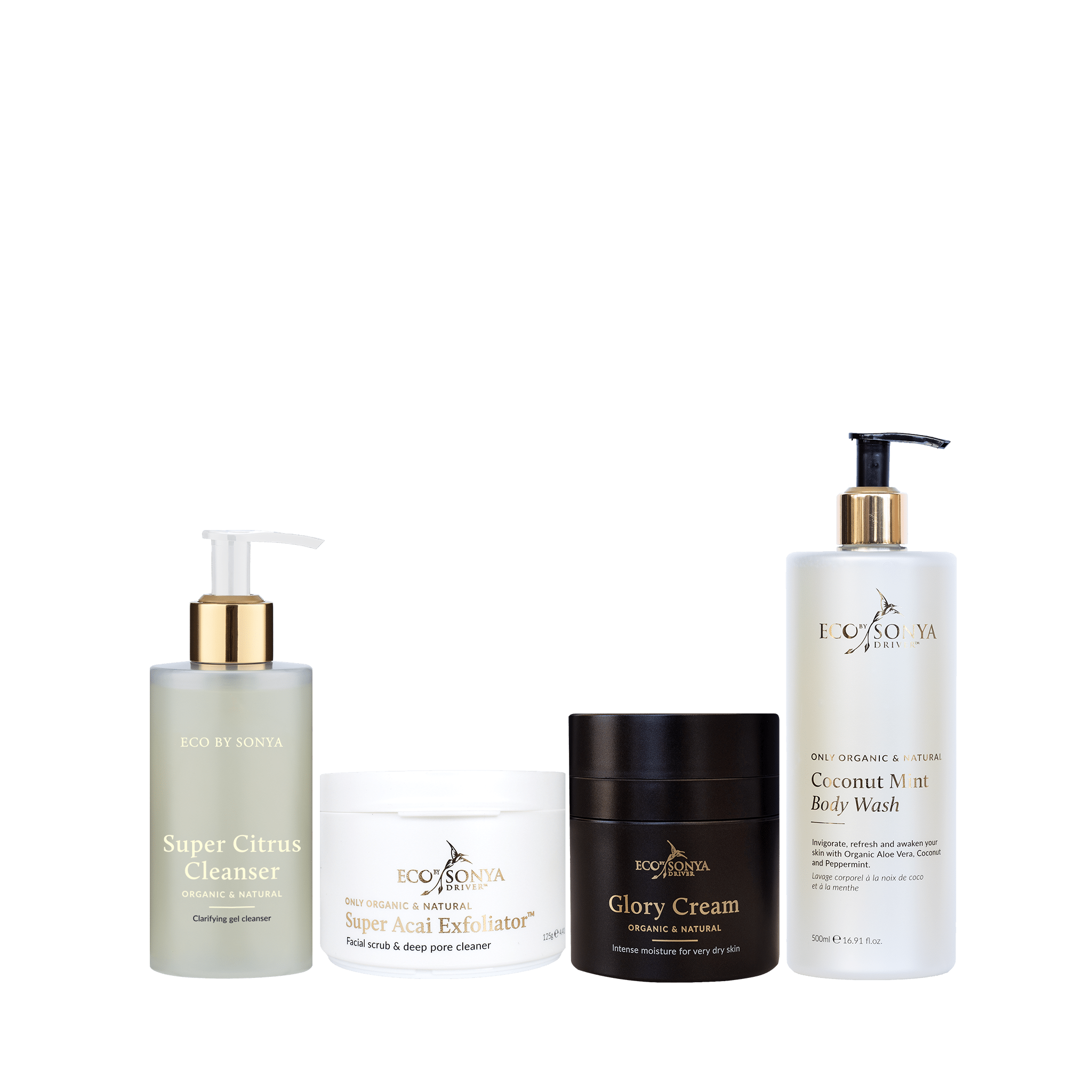 Set of Eco By Sonya Mature Blokes Pack including Super Citrus Cleanser, Super Acai Exfoliator, Glory Cream, and Coconut Mint Body Wash 