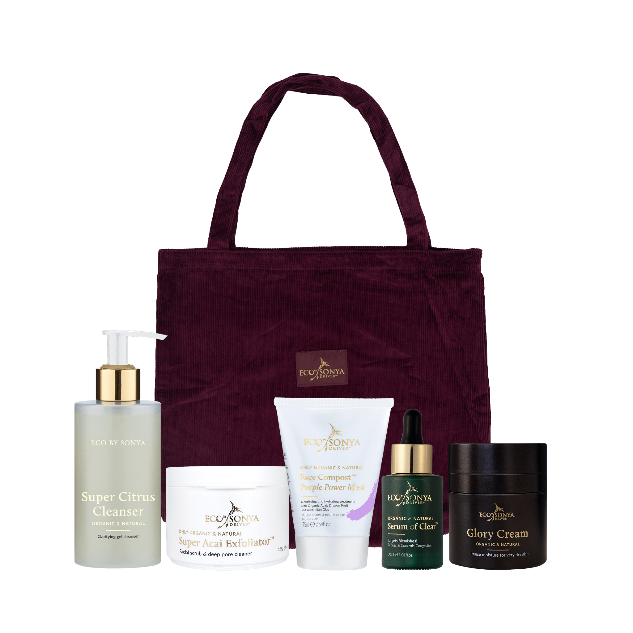 Eco By Sonya Resurfacing Pack including Super Citrus Cleanser, Super Acai Exfoliator, Purple Face Mask, Serum of Clear and Glory Cream. With the tote bag in the background.