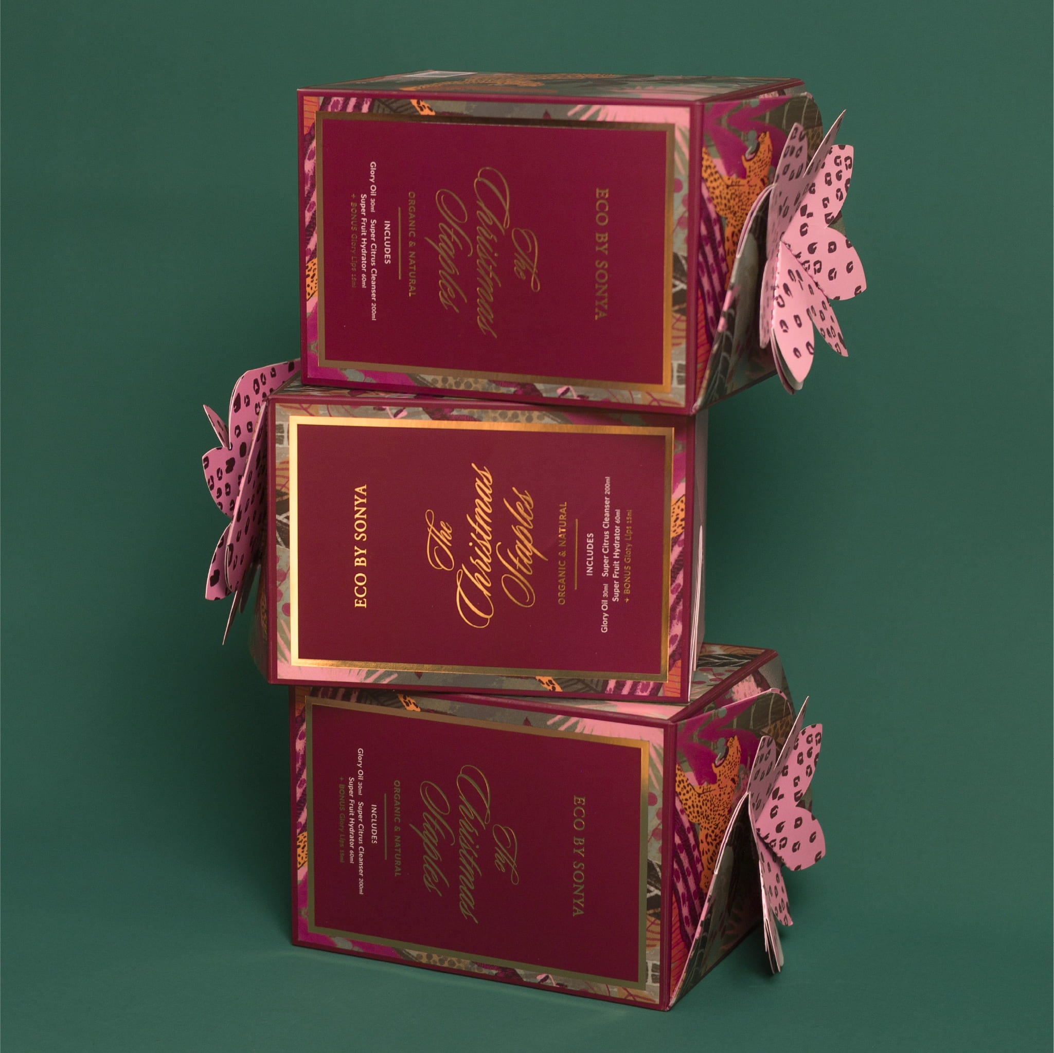 Eco By Sonya The Christmas Staples Gift Set boxes stacked on top of each other.
