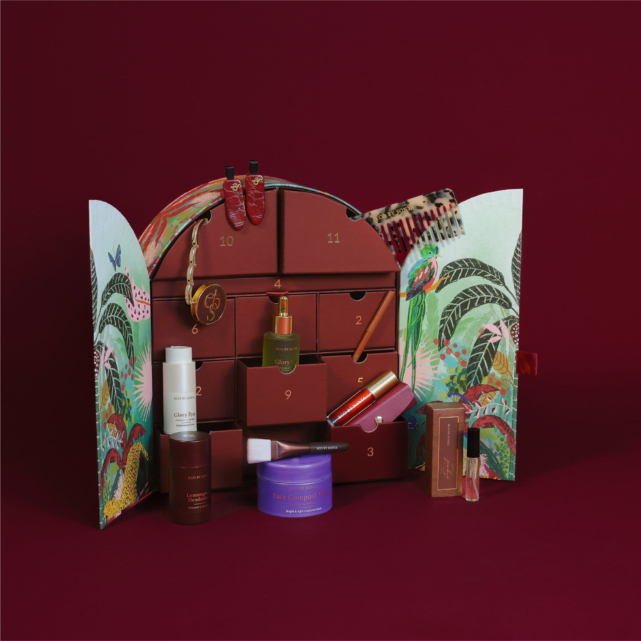 Eco By Sonya The Paradise Collection Christmas Advent Calendar with beauty products displayed in its drawers.