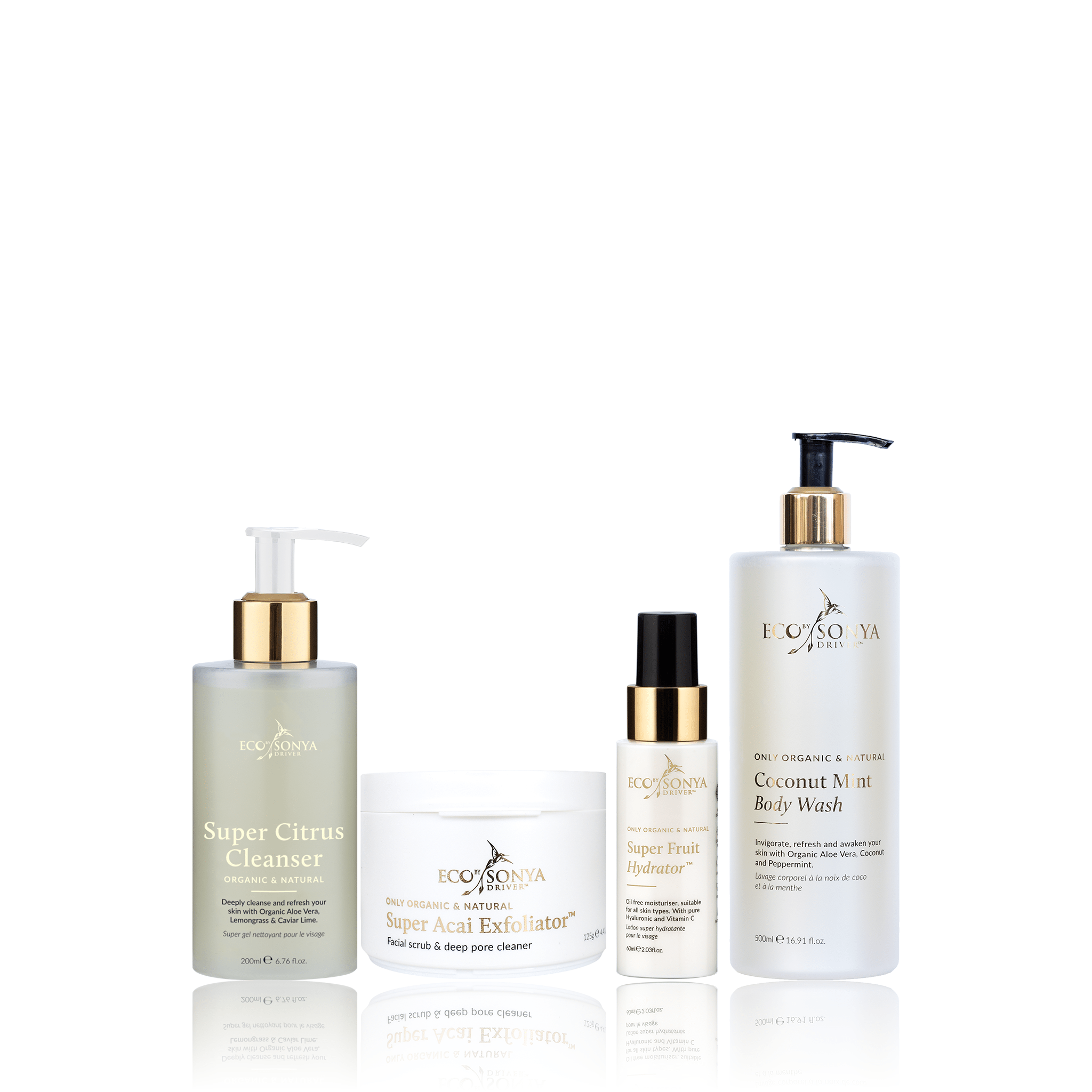 Set of Eco By Sonya skincare products including Super Citrus Cleanser, Acai Exfoliator, Super Fruit Hydrator and Coconut Mint Body Wash on a white background