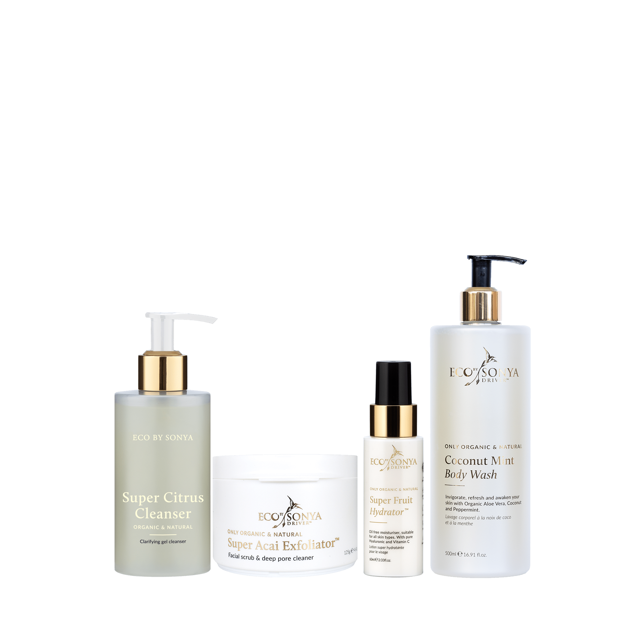 Set of Eco By Sonya skincare products including Super Citrus Cleanser, Acai Exfoliator, Super Fruit Hydrator and Coconut Mint Body Wash on a white background