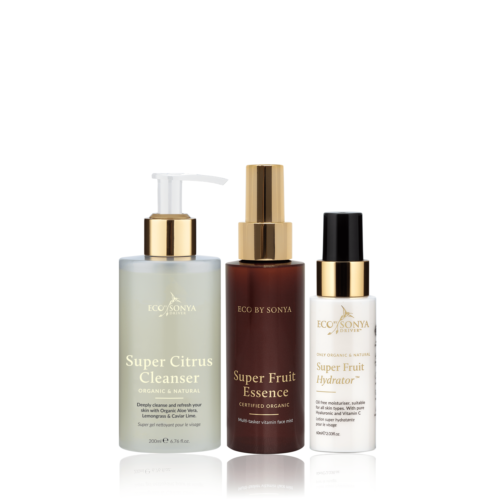 Three skincare products from Eco by Sonya on a white background