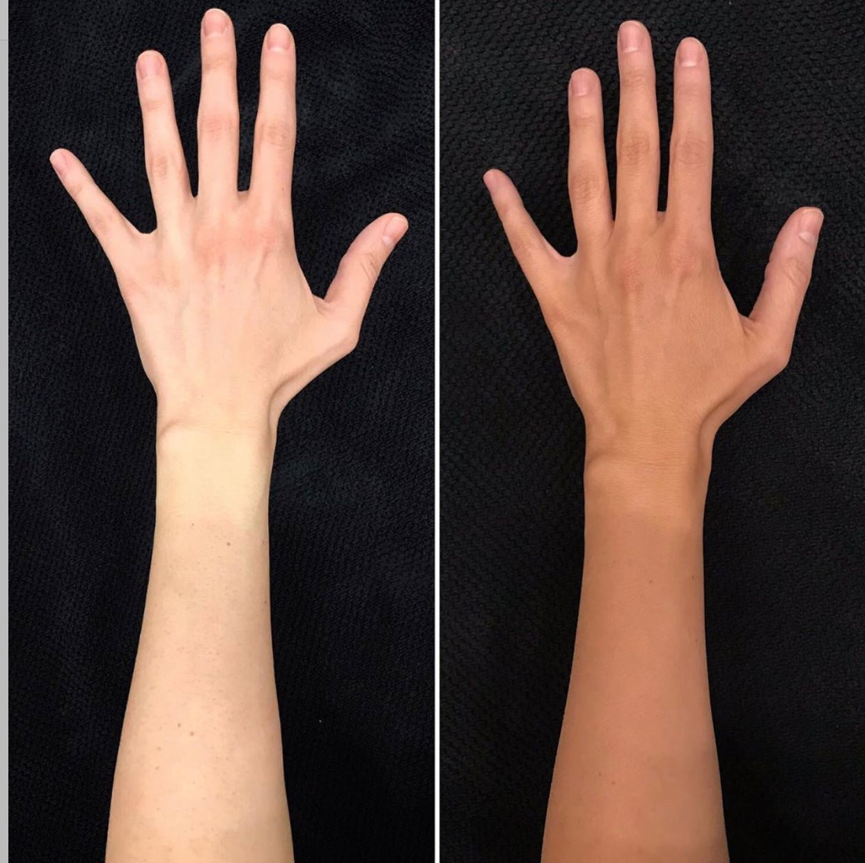 Cacao Tanning Mousse - Eco Tan natural sunless tan foam before after on forearm and hand