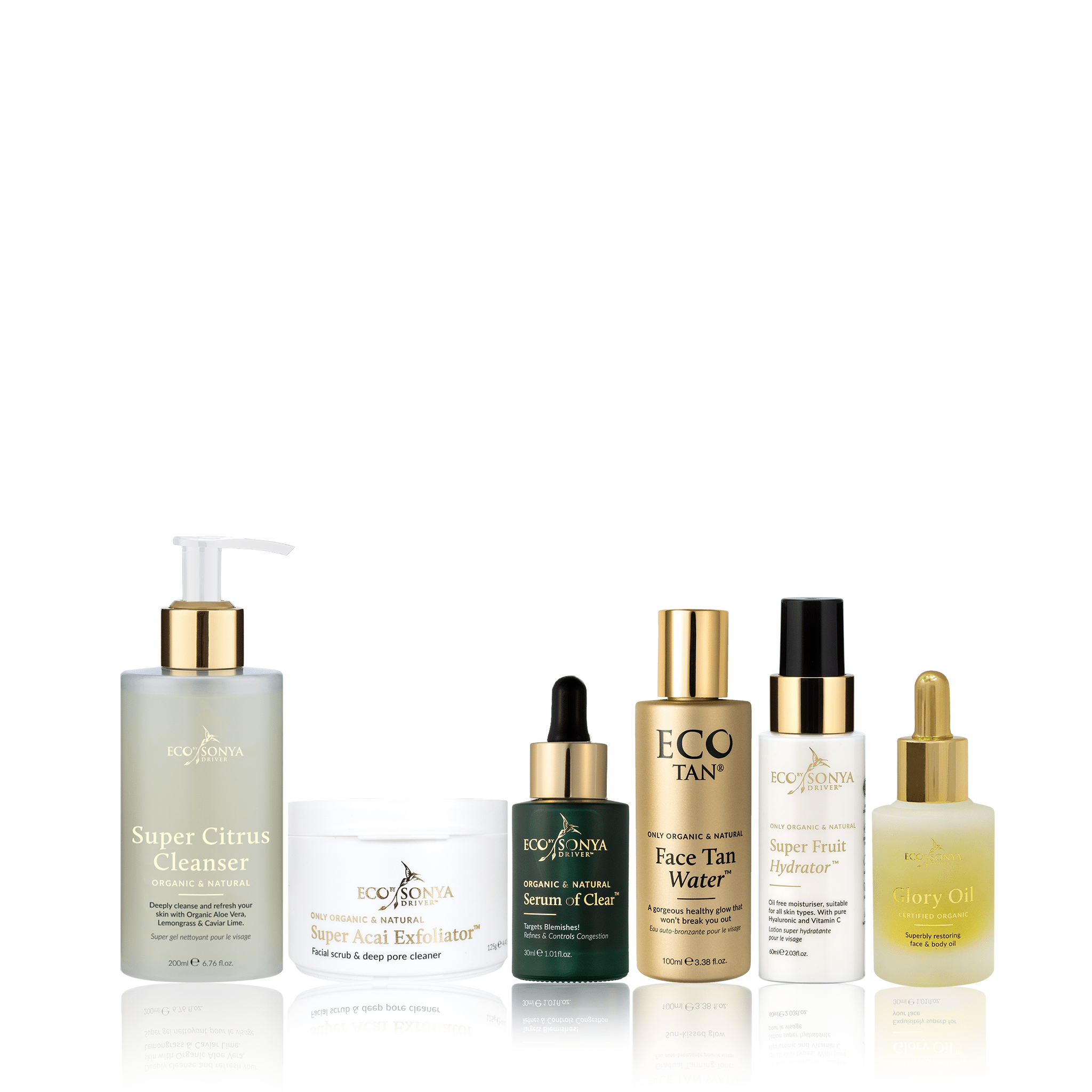 Collection of skincare products from Eco by Sonya on a white background