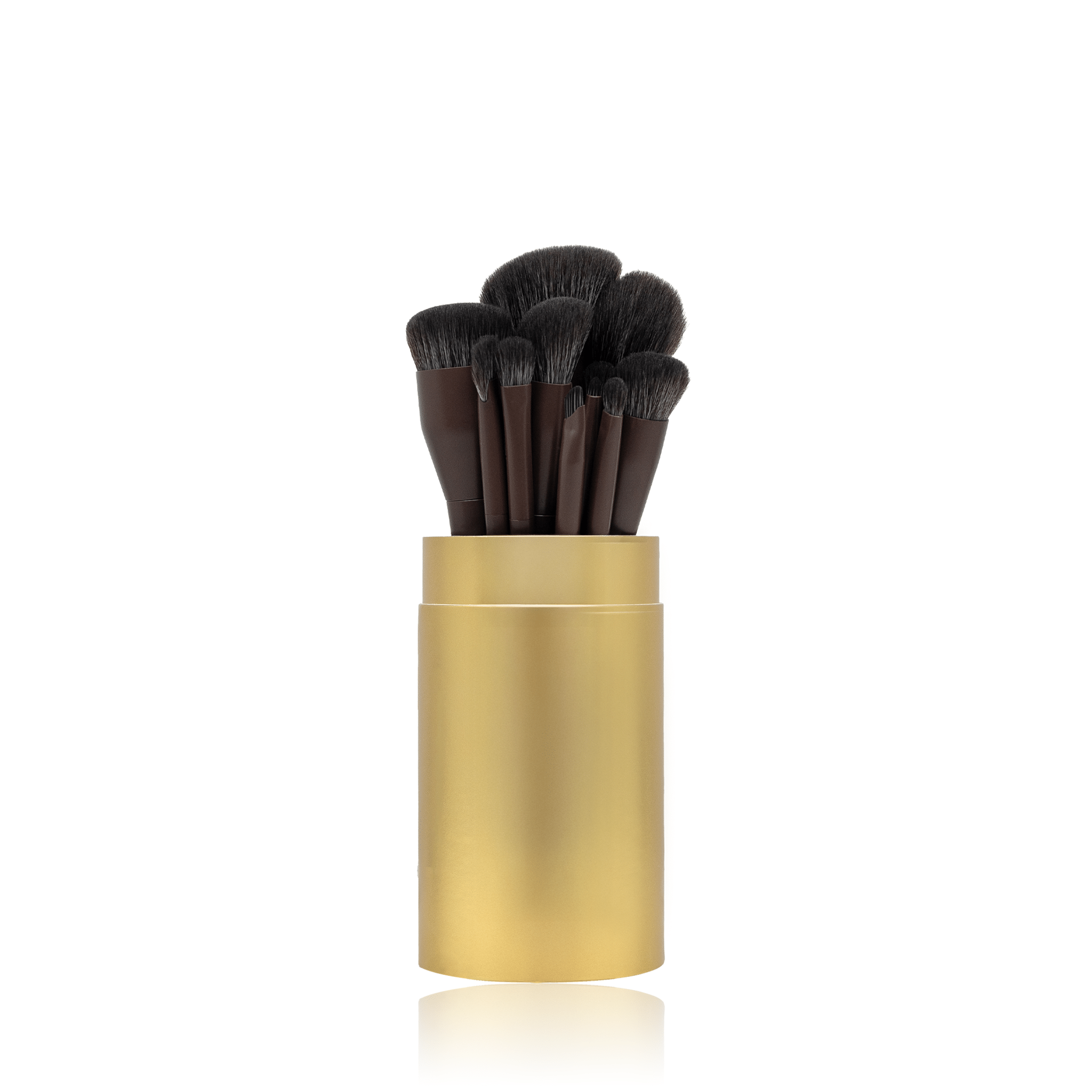Set of Eco By Sonya Makeup Brush Set in a gold holder on a white background