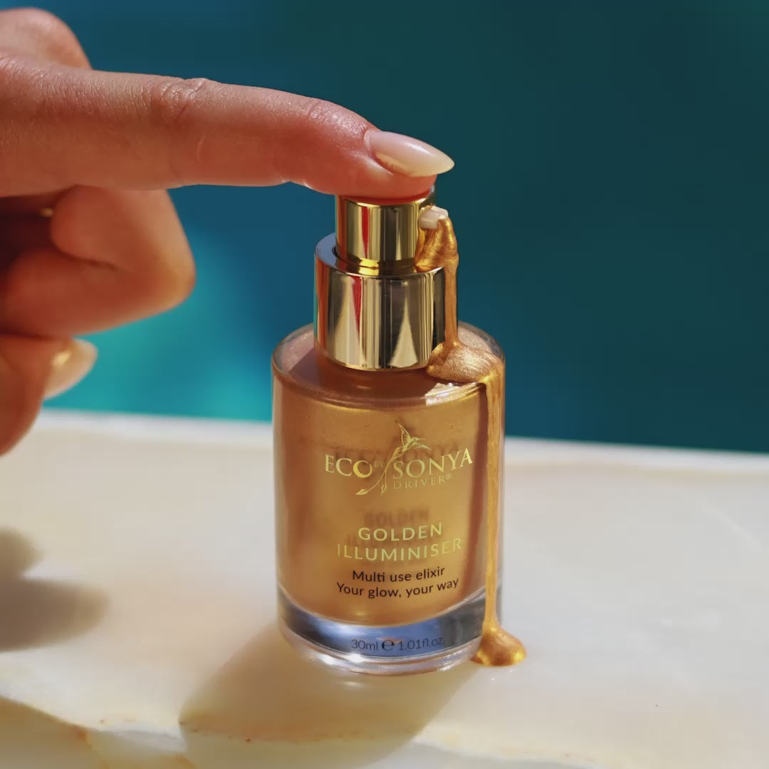 Golden Illuminiser fluid pumping onto surface, showing luminous texture, then woman with radiant golden glow under sunlight — Eco By Sonya.